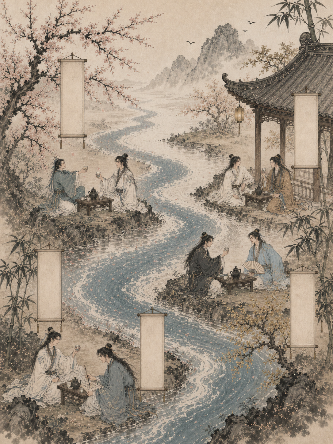 古风曲水流觞雅集，溪水蜿蜒，清俊青年雅士席位环列，空白卷轴可作为诗词入口