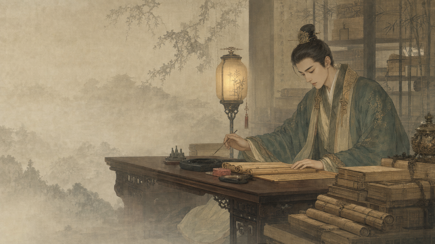 昭明太子临案选文的古风背景图